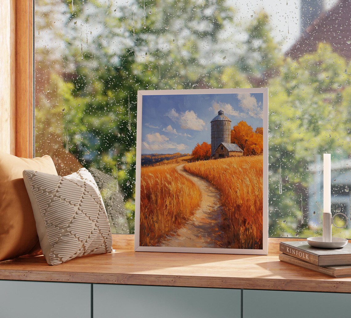 Golden Wheat Field With Old Silo and Barn Under Bright Autumn Sky Wall Art - Image 2