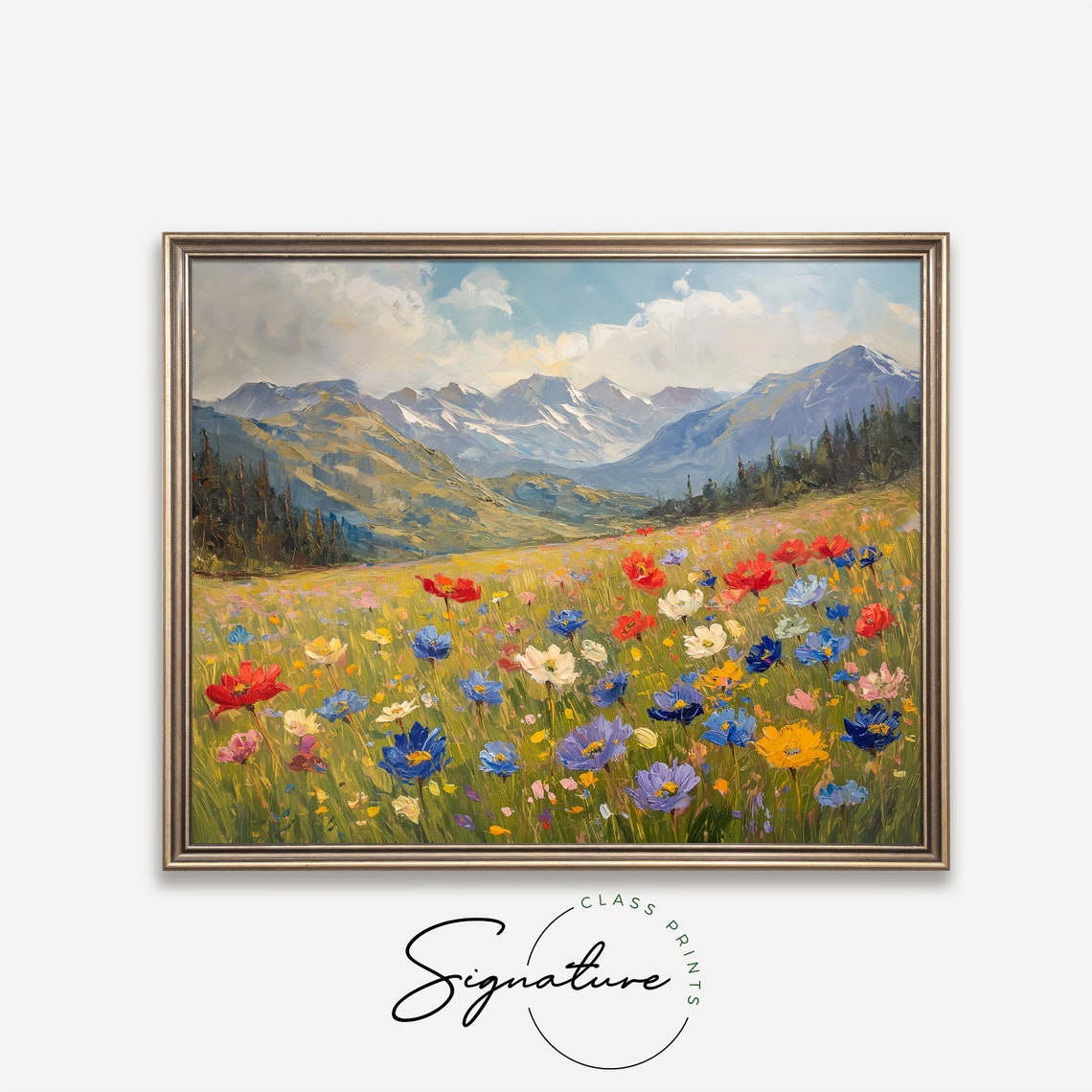 Vibrant Wildflower Meadow Beneath Snowy Peaks Colorful Art Poster - Image 4