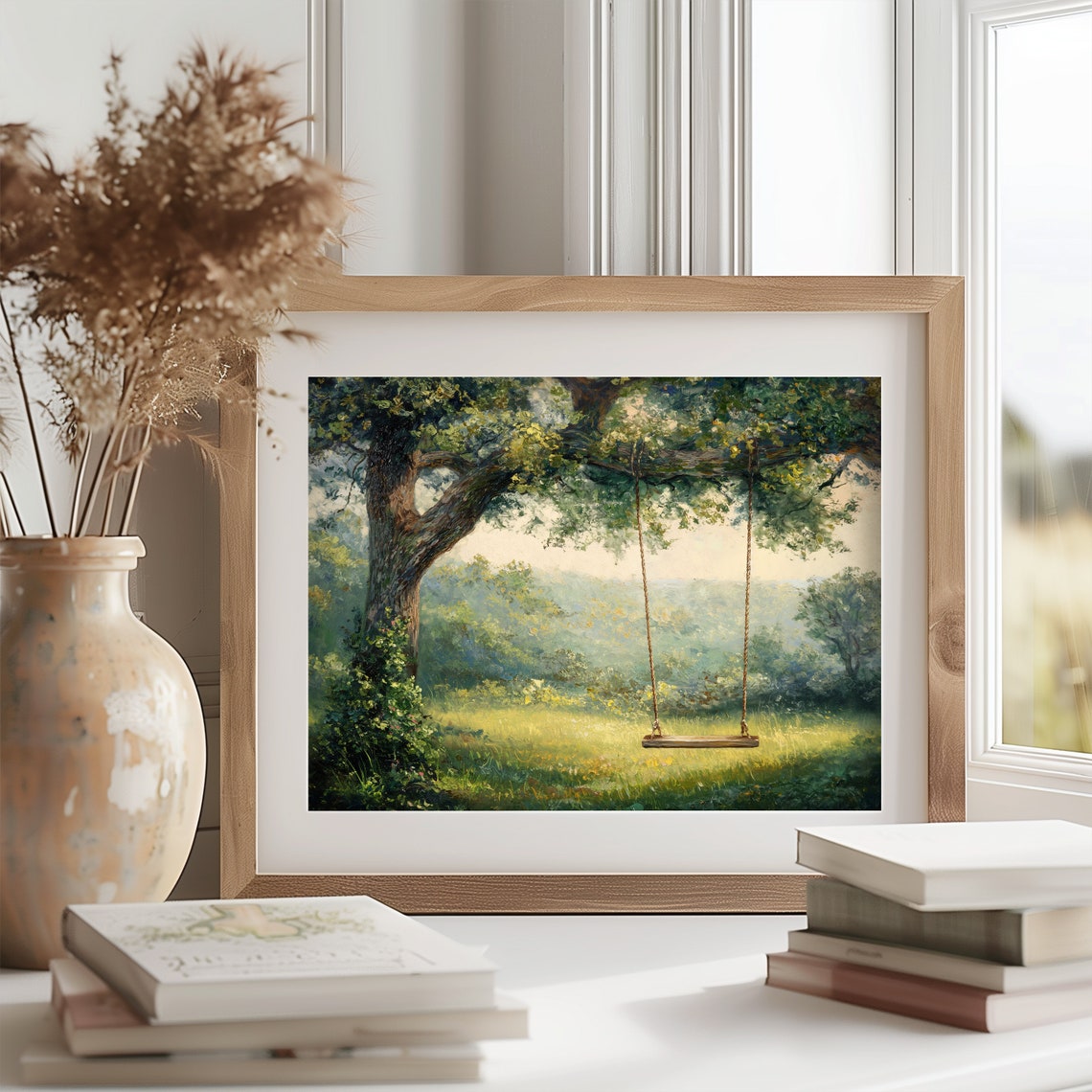 Wooden Swing Under Oak Tree Canopy Misty Green Meadow Vintage Poster - Image 2