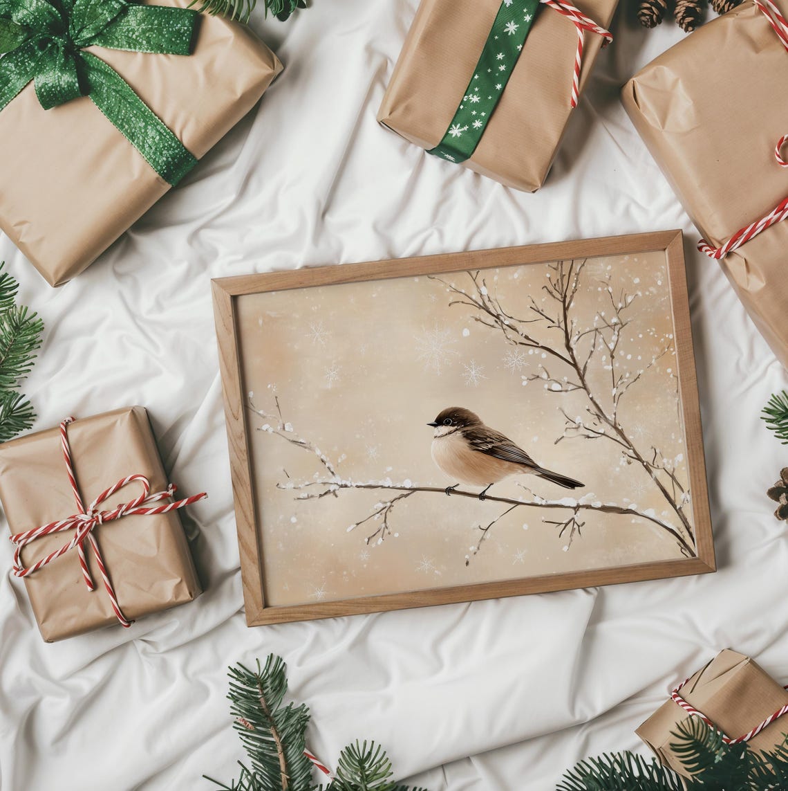 Chickadee on Snowy Branch Blush Pink Winter Bird Artwork Poster - Image 2