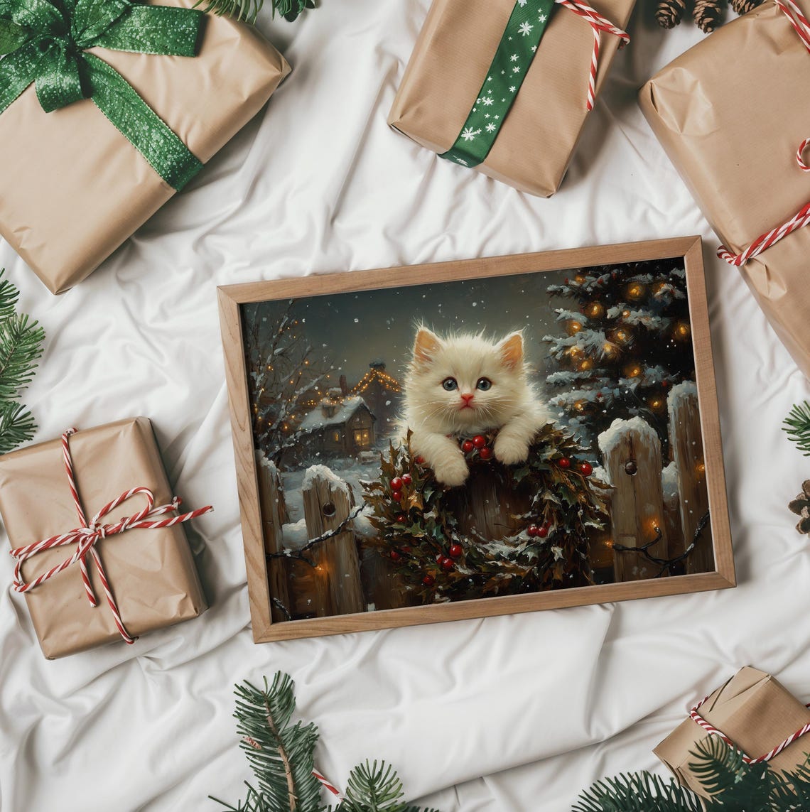 Fluffy White Kitten On A Holly Wreath At Night Winter Christmas Poster - Image 2