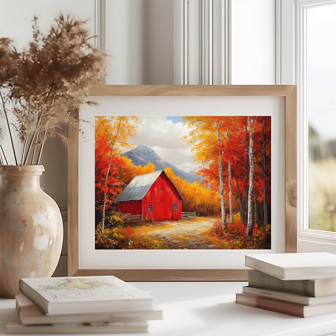 Red Barn Autumn Birches Mountain Fall Farm Landscape Wall Art - Image 2