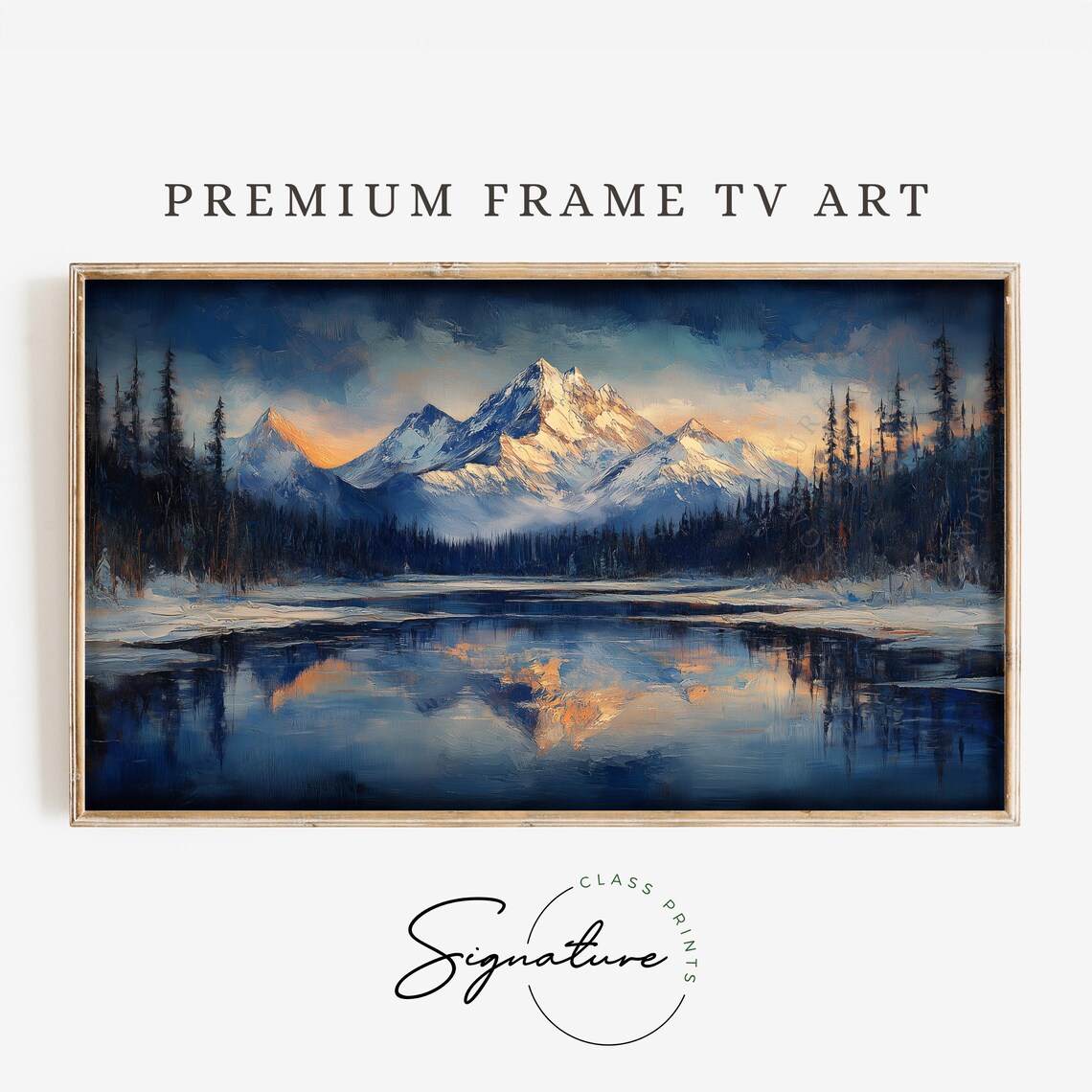 Snow Capped Mountain Peaks Mirror Lake Alpenglow Warm Light Reflection Poster