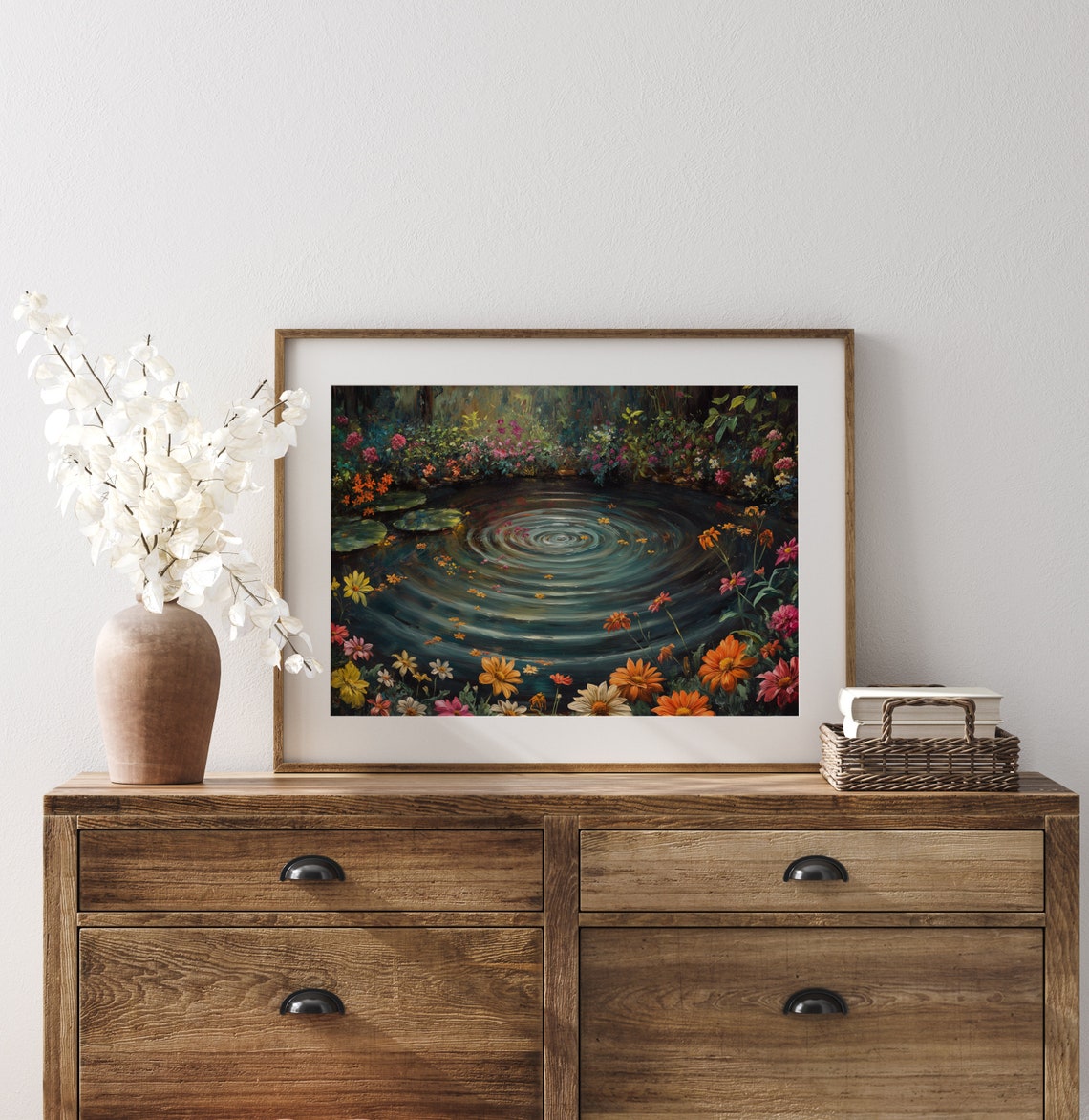 Enchanted Rippling Pond With Pink And Orange Blossoms Floral Poster - Image 3