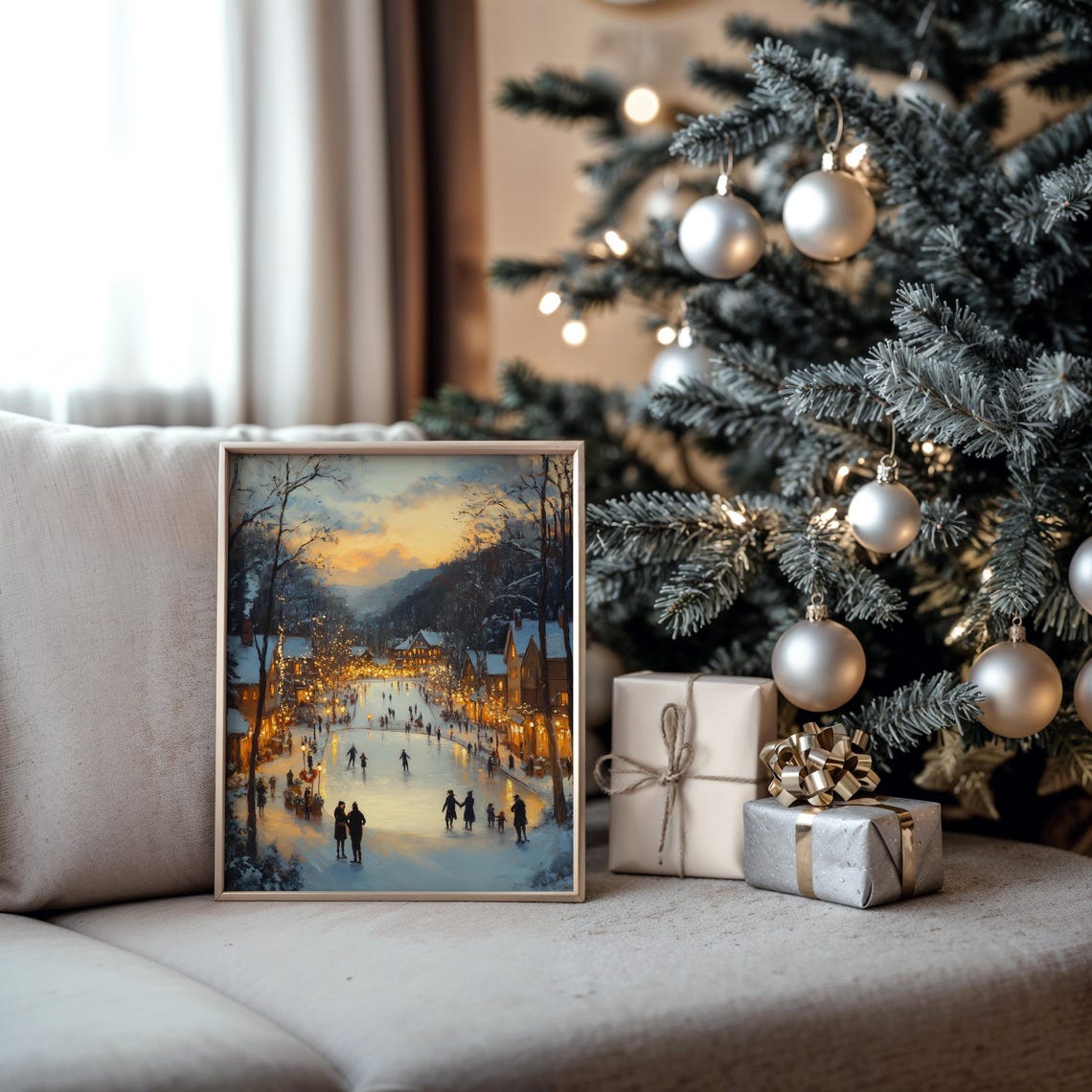Sunset Ice Skaters on Frozen Pond with Village Lights and Tree Poster - Image 5