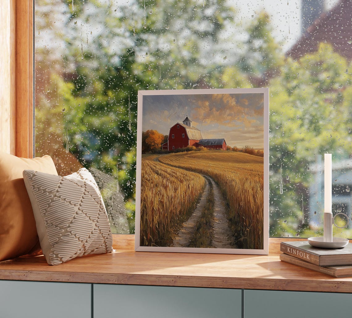 Red Barn Golden Hill Wheat Field Winding Path Country Scene Poster - Image 2