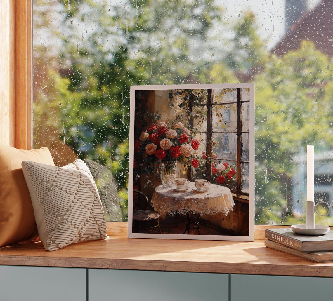 Cozy Corner Table Roses And Teacups Sunlit Window Vintage Wall Art - Image 3