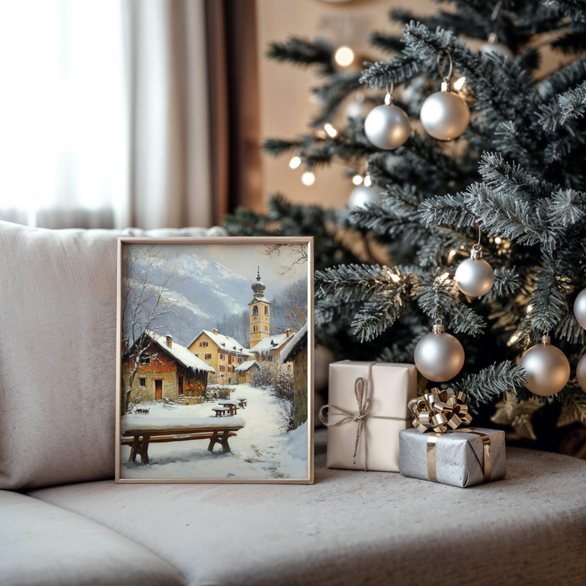 Snowy Alpine Village With Church Bell Tower And Benches Winter Poster - Image 5