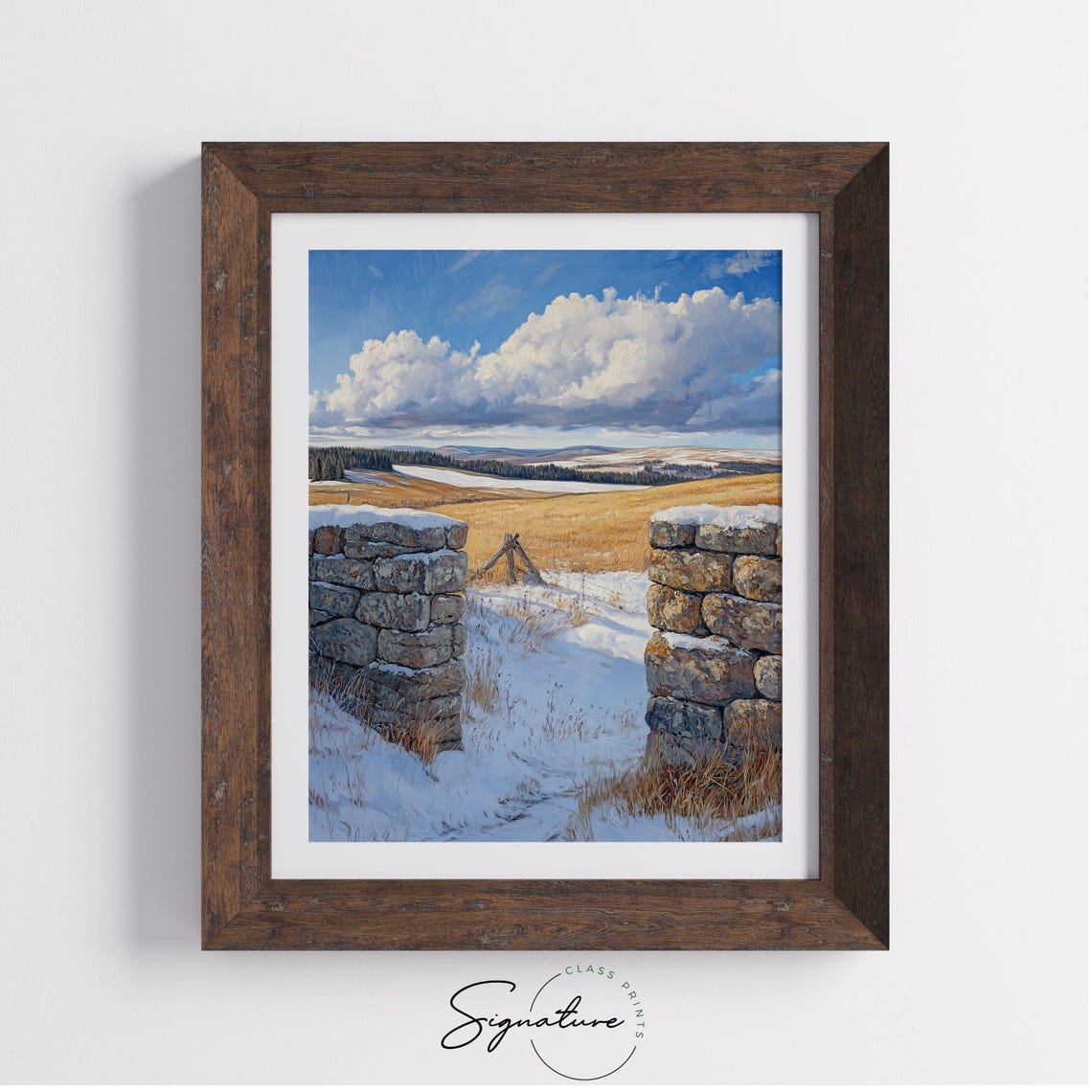 Rustic Stone Gate Snowy Pasture Golden Winter Landscape Poster - Image 2