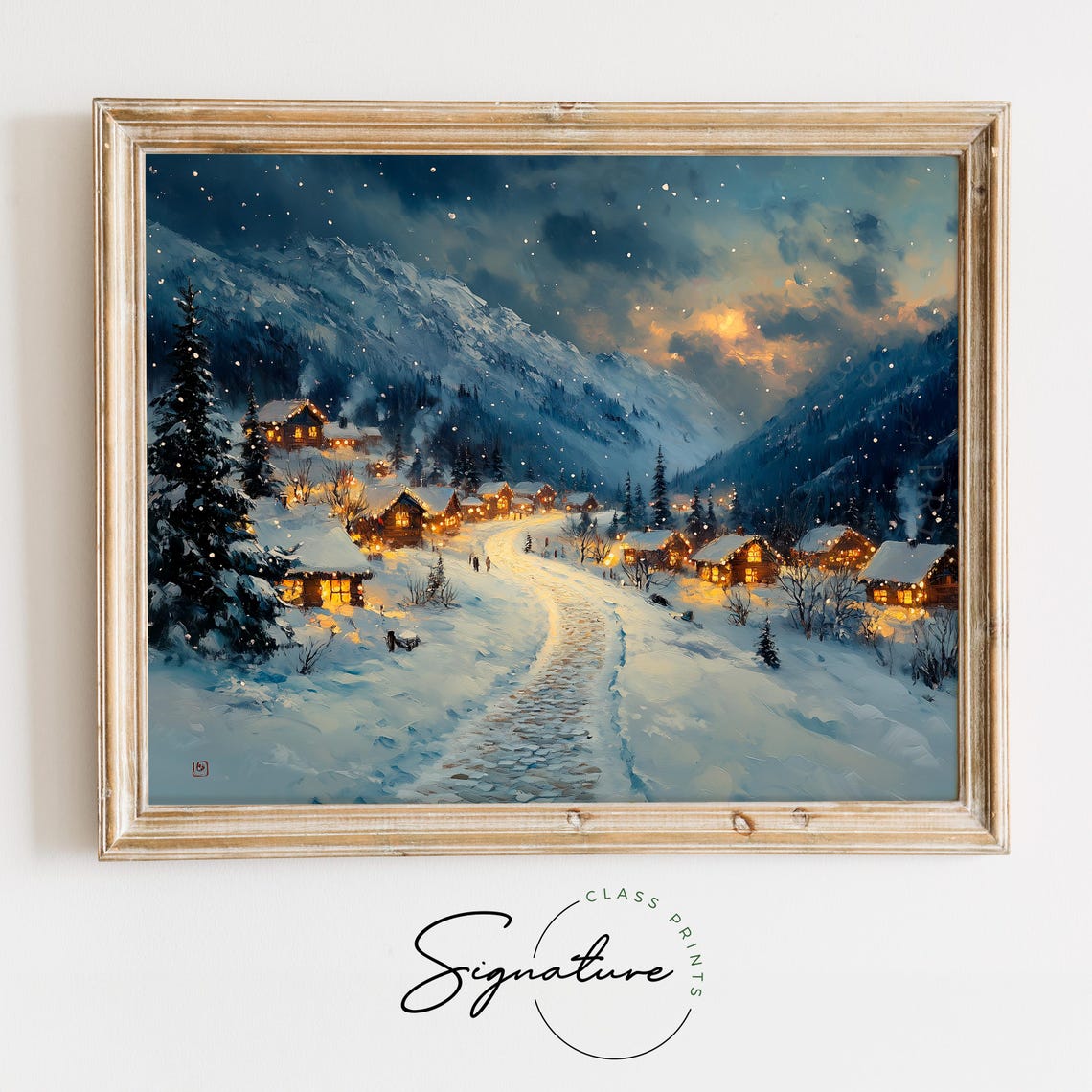 Snowy Christmas Village Night Lights Mountain Holiday Wall Art - Image 2