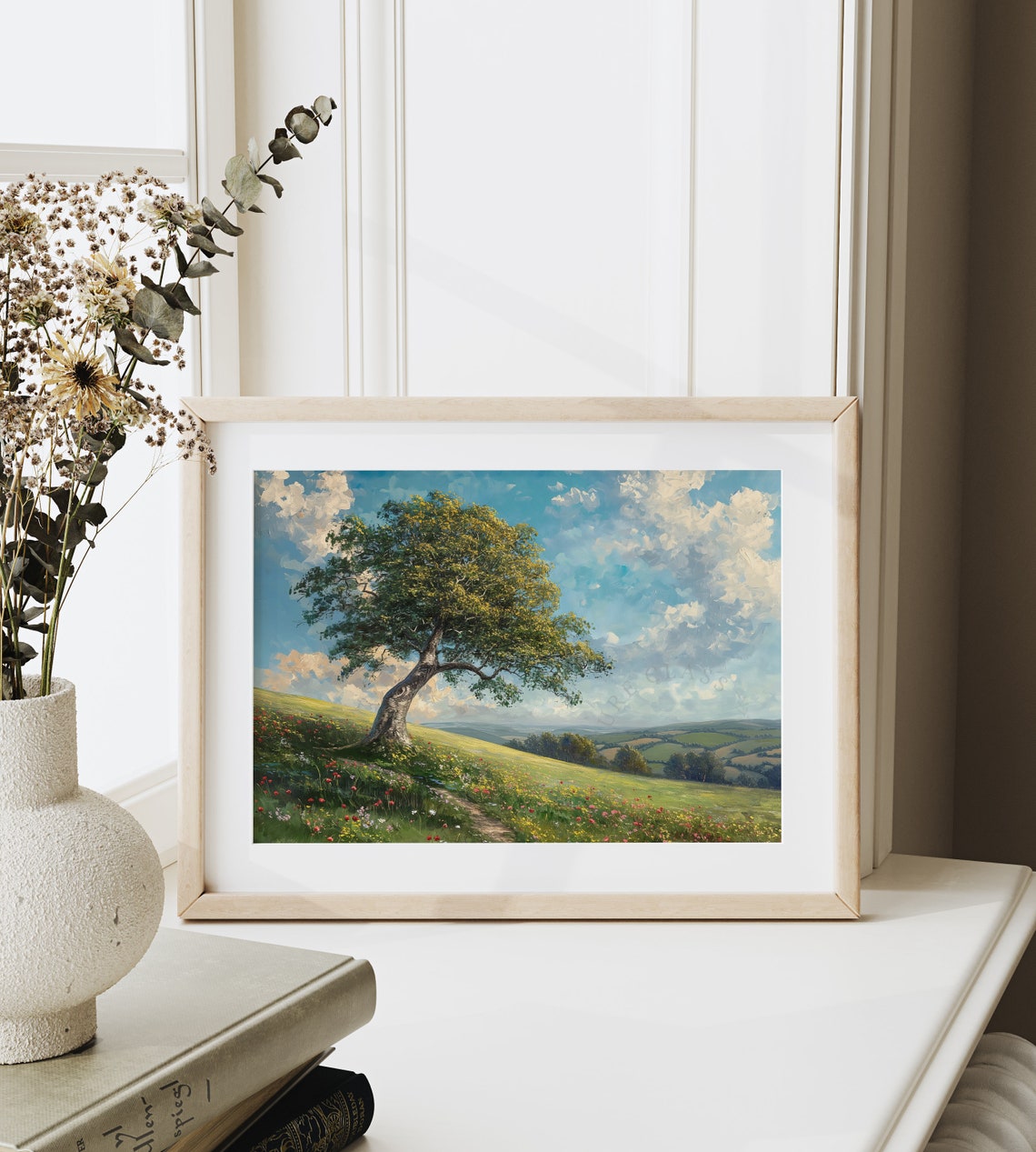 Windswept Beech Tree On Rolling Flower Meadow Hillside Poster - Image 6