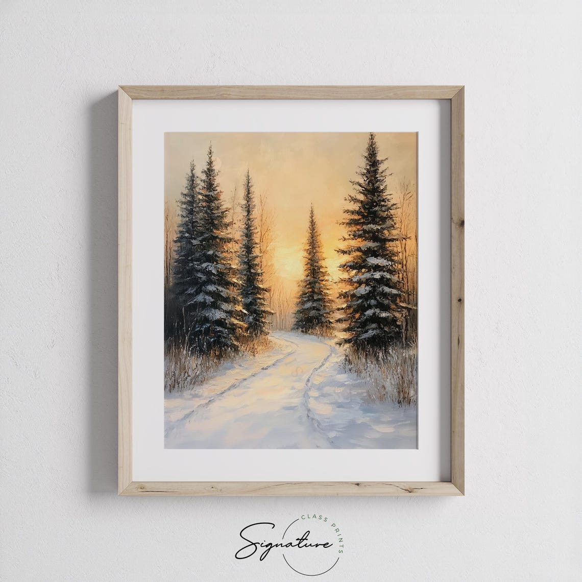 Golden Sunset Over Snowy Pine Forest Path Winter Glow Poster - Image 2