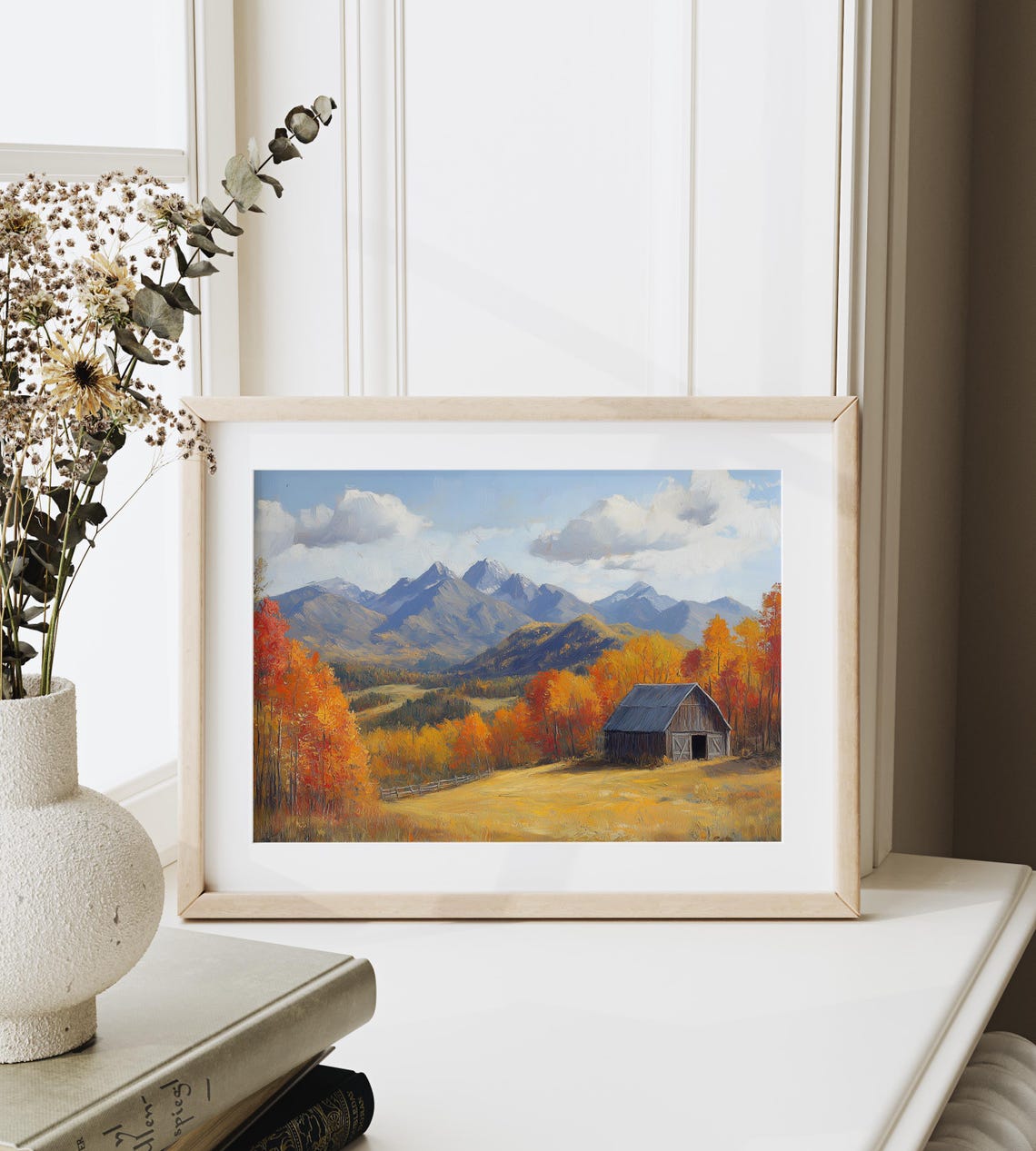 Rustic Wooden Barn Fall Foliage Mountain Panorama Painting Print - Image 6