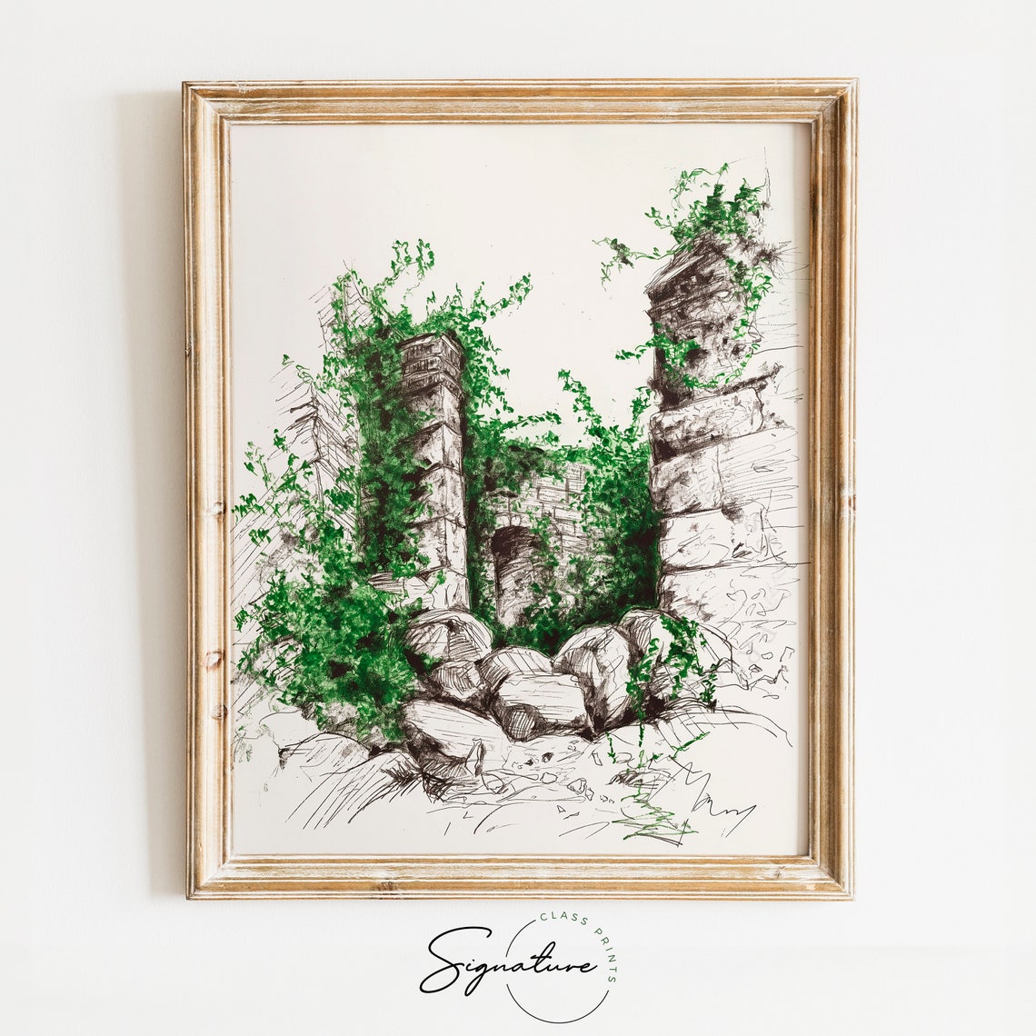 Ancient Ruins Covered In Ivy Sketch Rustic Stone Wall Art Vintage Architecture Drawing Historical Wall Decor Piece 737