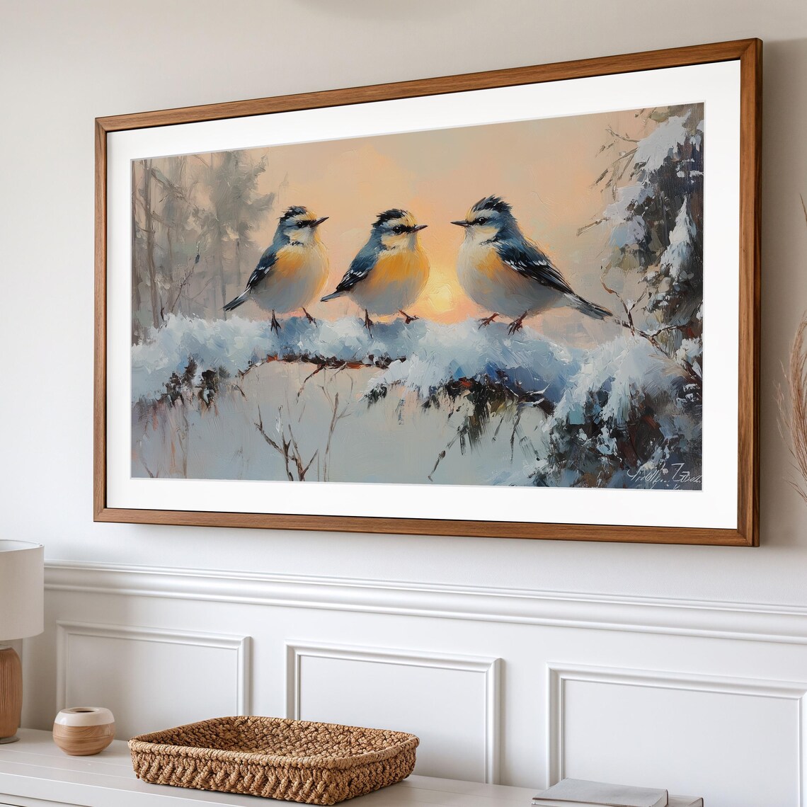 Goldcrest Trio Snowy Branch Winter Sunrise Golden Birds Soft Glow Poster - Image 2