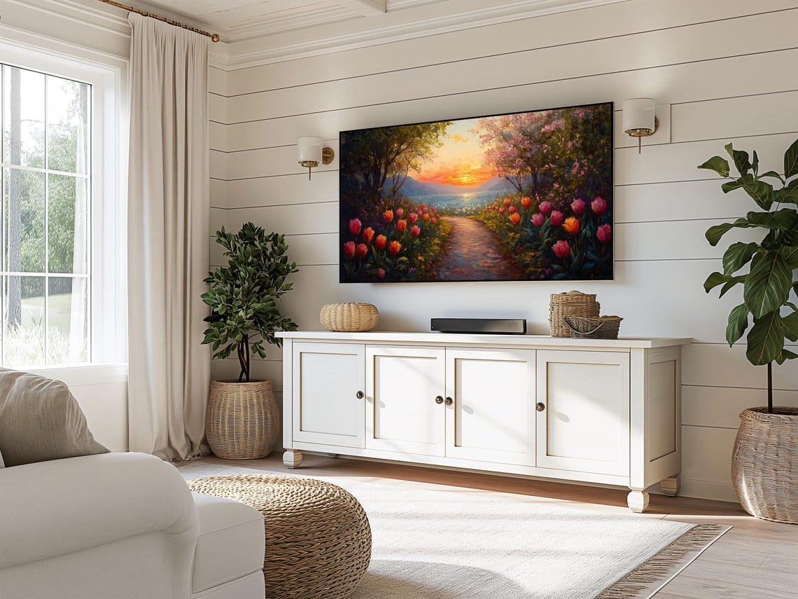 Tulip Path To The Lake At Sunset Romantic Spring Garden Art Poster - Image 3