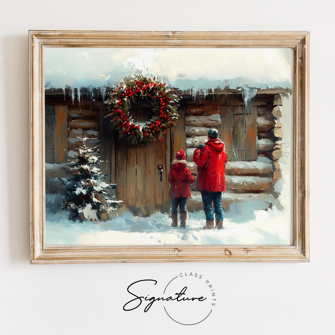 Couple At Cabin Door With Berry Wreath Snowy Christmas Poster