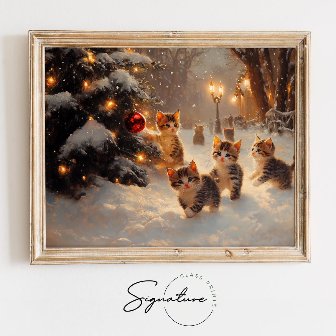 Playful Kittens in a Snowy Forest With Christmas Lights Night Poster