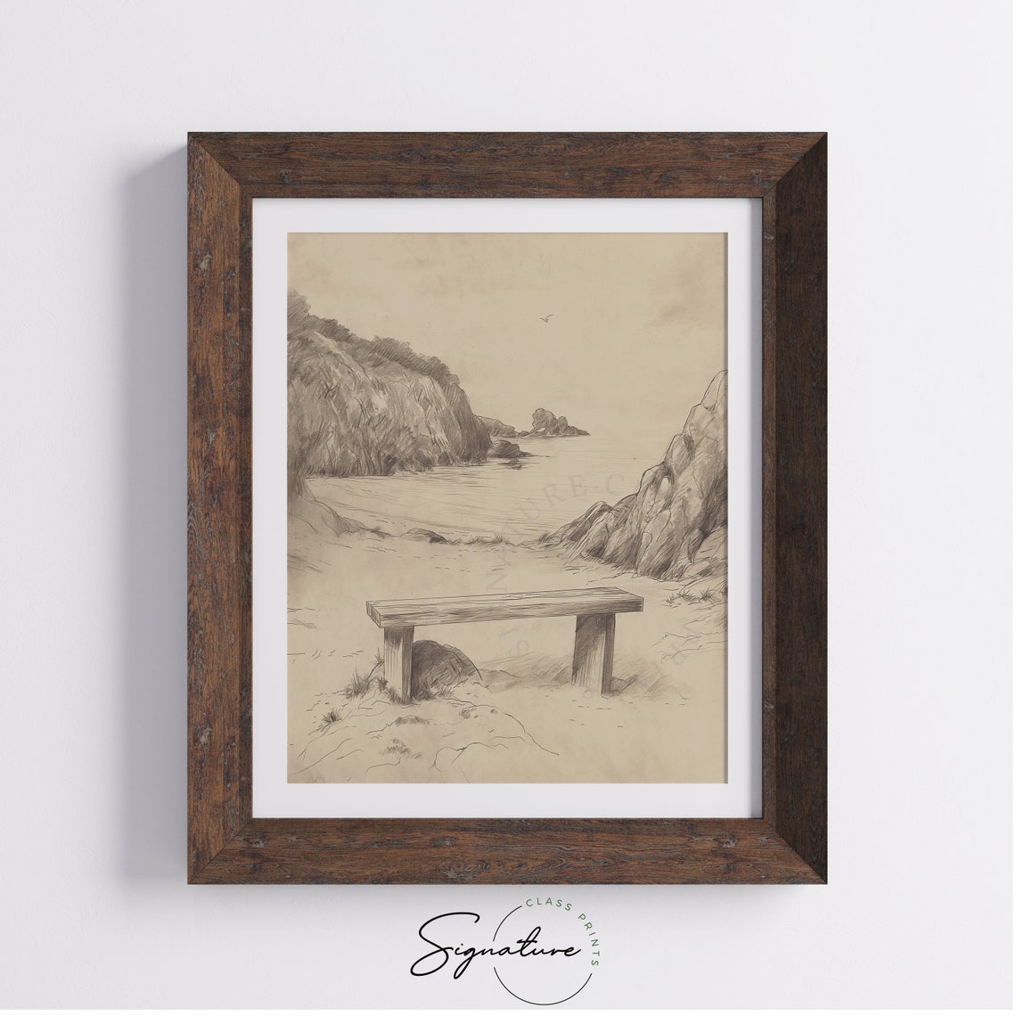 Solitary Bench Overlooking Secluded Cove Coastal Sketch Poster - Image 4