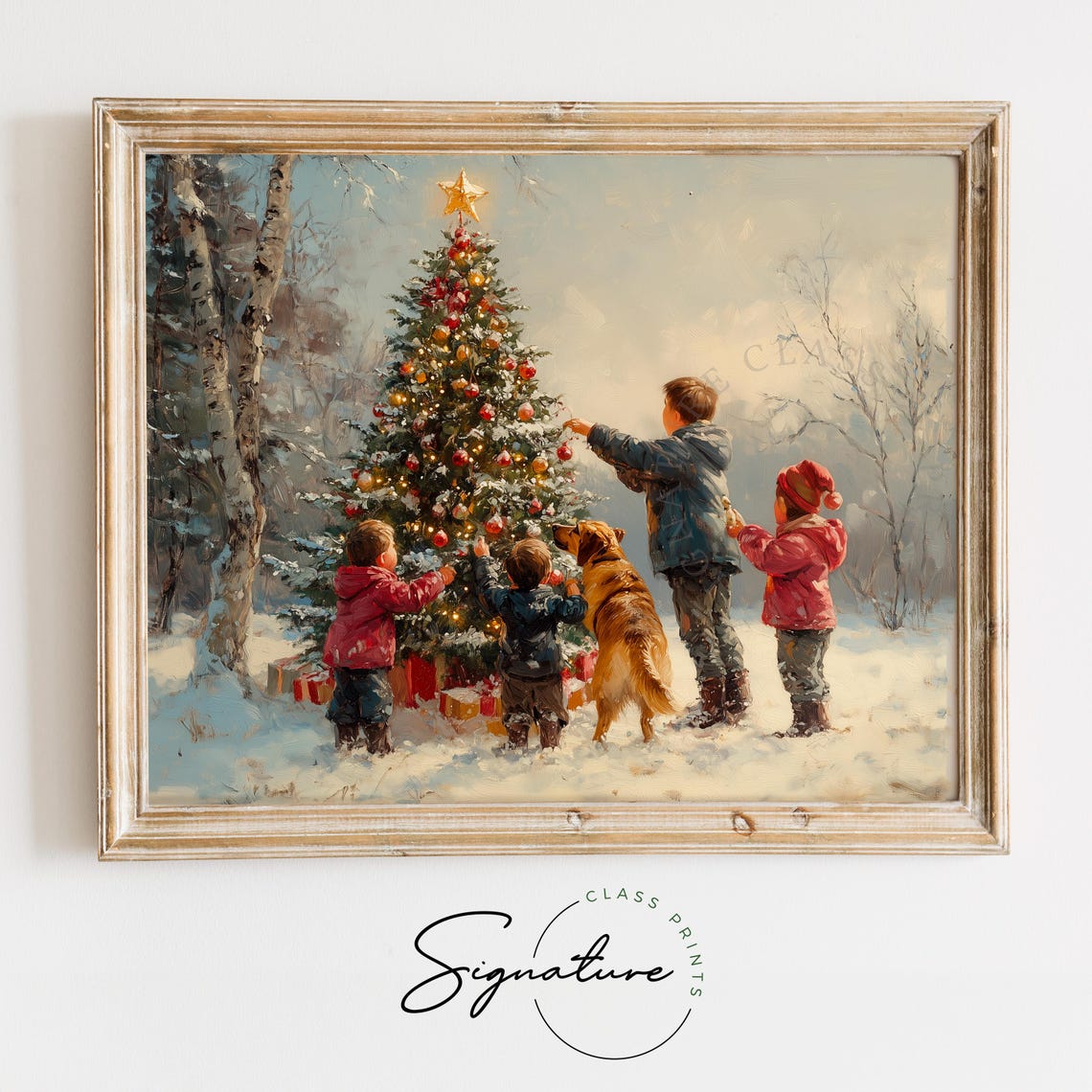Children and Golden Retriever Decorating Outdoor Christmas Tree Poster