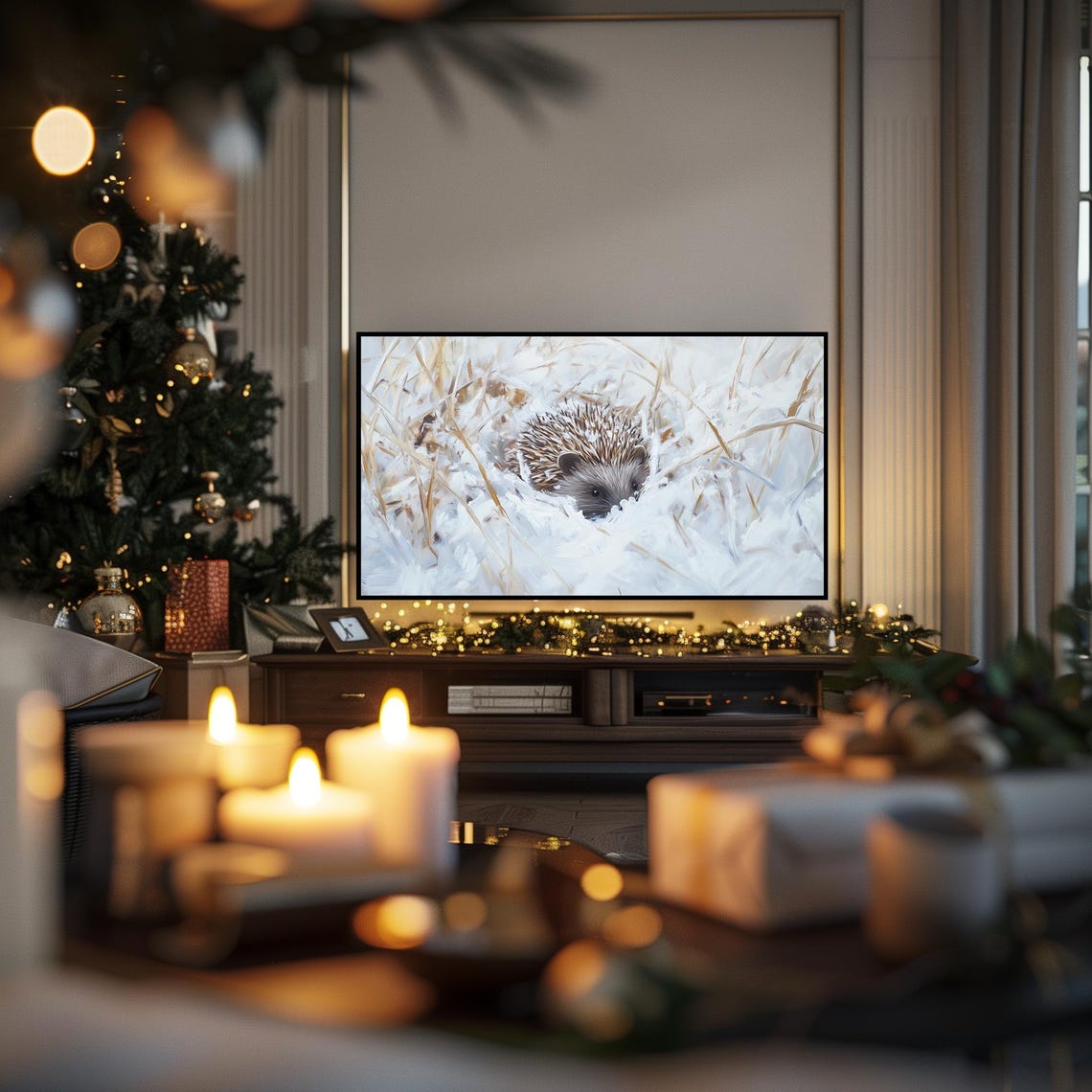 Hedgehog Nestled in Snowy Grasses Winter Wildlife Art Poster - Image 6