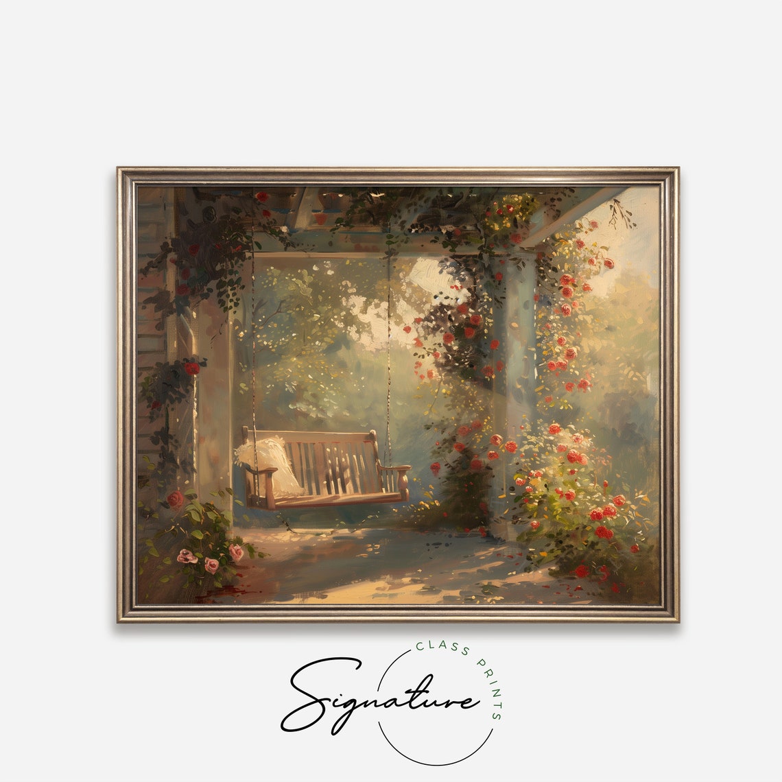 Sunlit Porch Swing Under Rose Pergola Garden Retreat Painting Poster - Image 4
