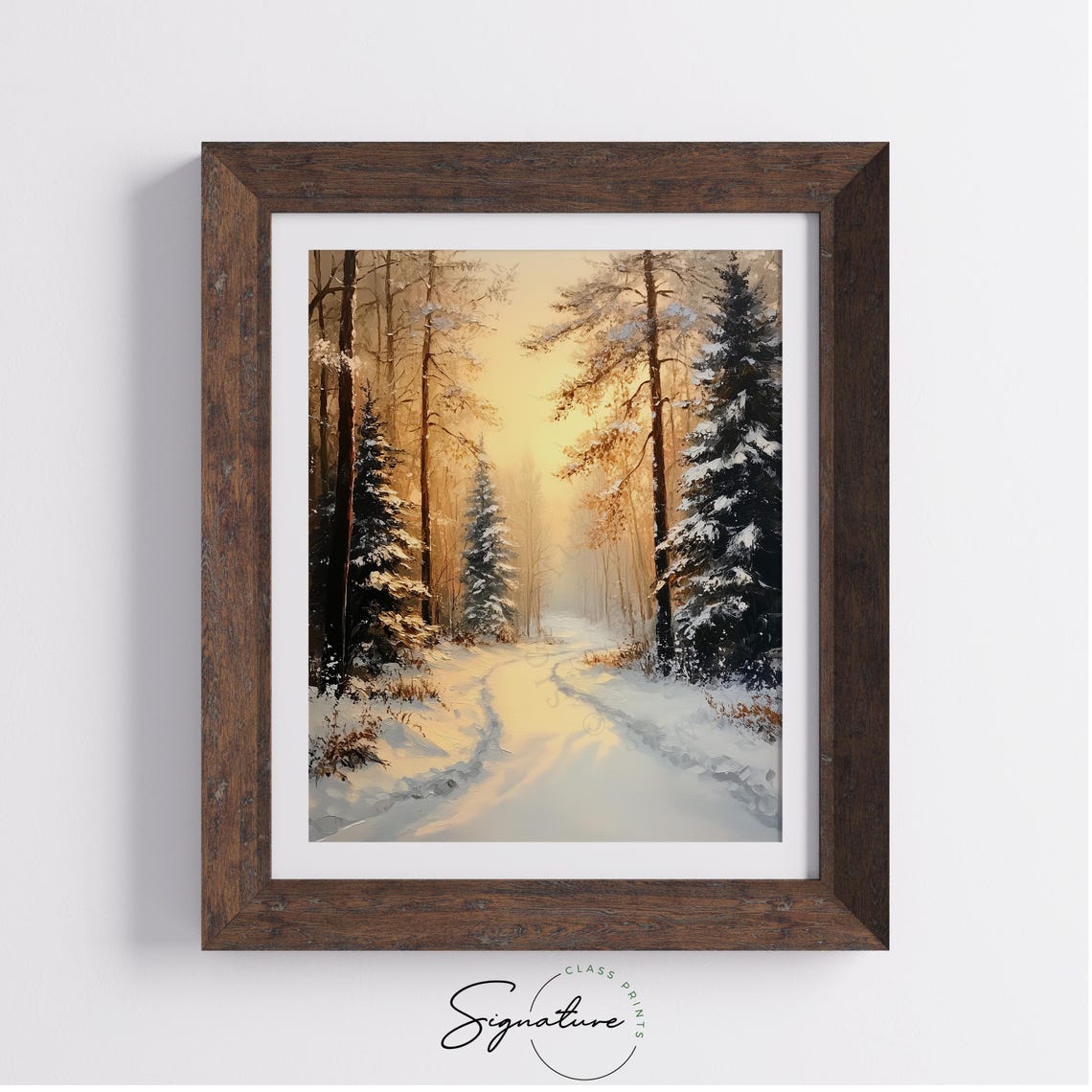 Golden Sunrise Lights Snowy Forest Path Winter Morning Poster - Image 3