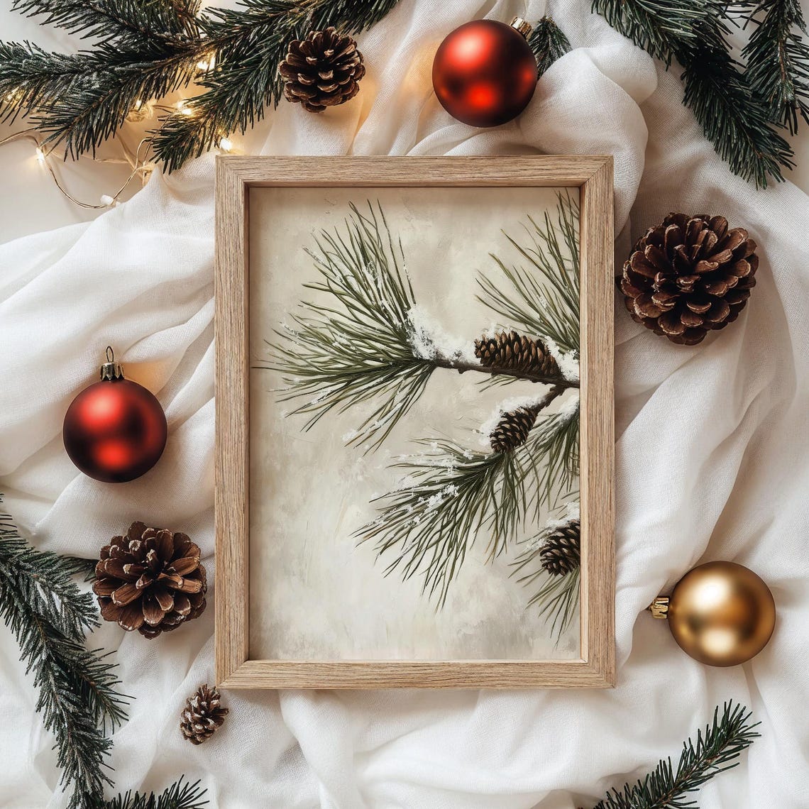 Snow Dusted Pine Branches with Pinecones Minimalist Winter Poster - Image 4