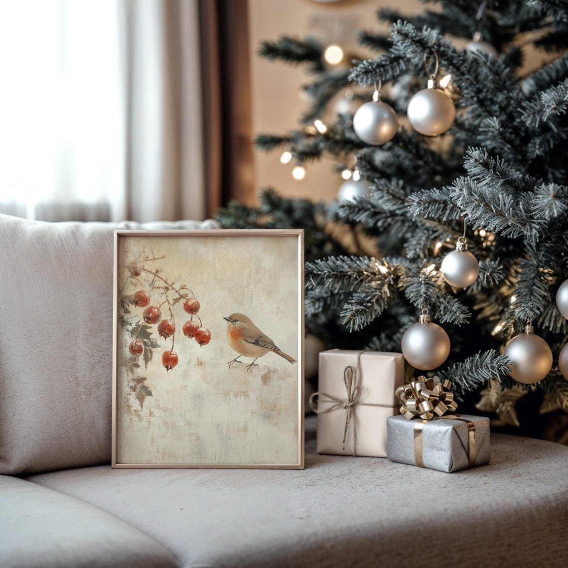 Robin with Red Rose Hip Berries Vintage Winter Bird Scene Poster - Image 5