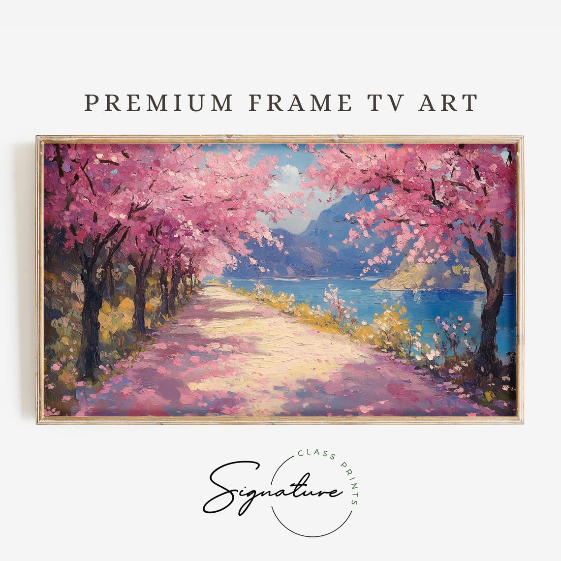 Cherry Blossom Tunnel Path To Blue Lake Impasto Landscape Poster