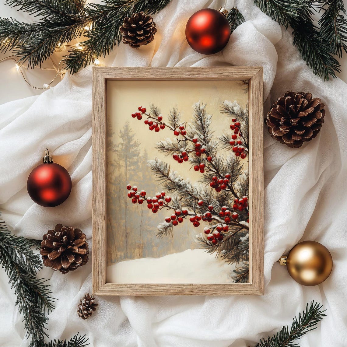 Red Winter Berries on Snow Dusted Pine Branches Botanical Poster - Image 4