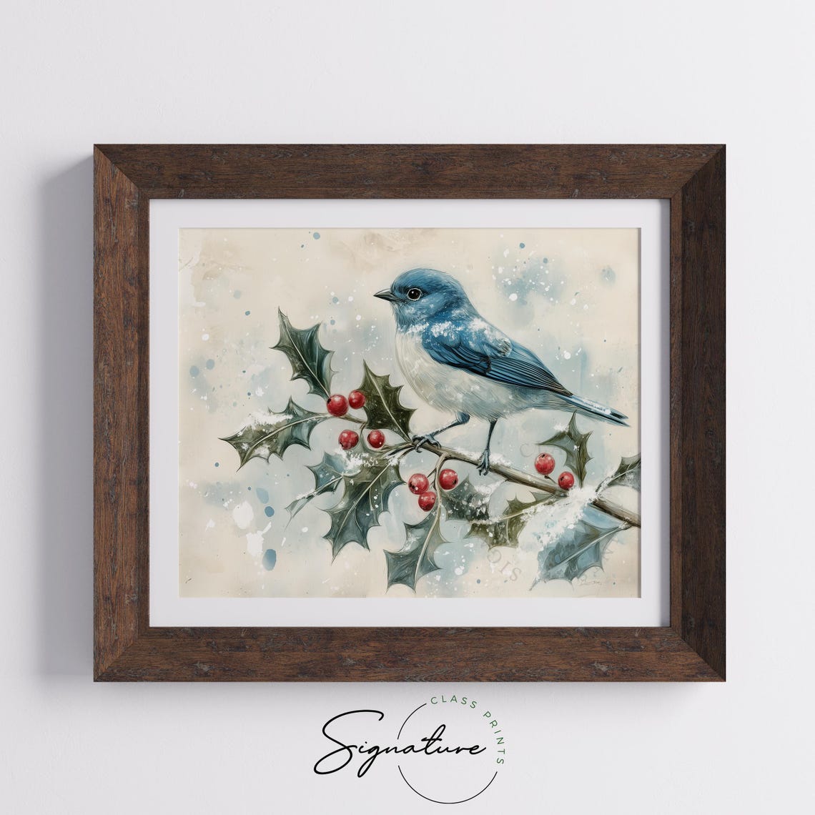 Bluebird On Holly Branch With Red Berries Winter Watercolor Poster - Image 5