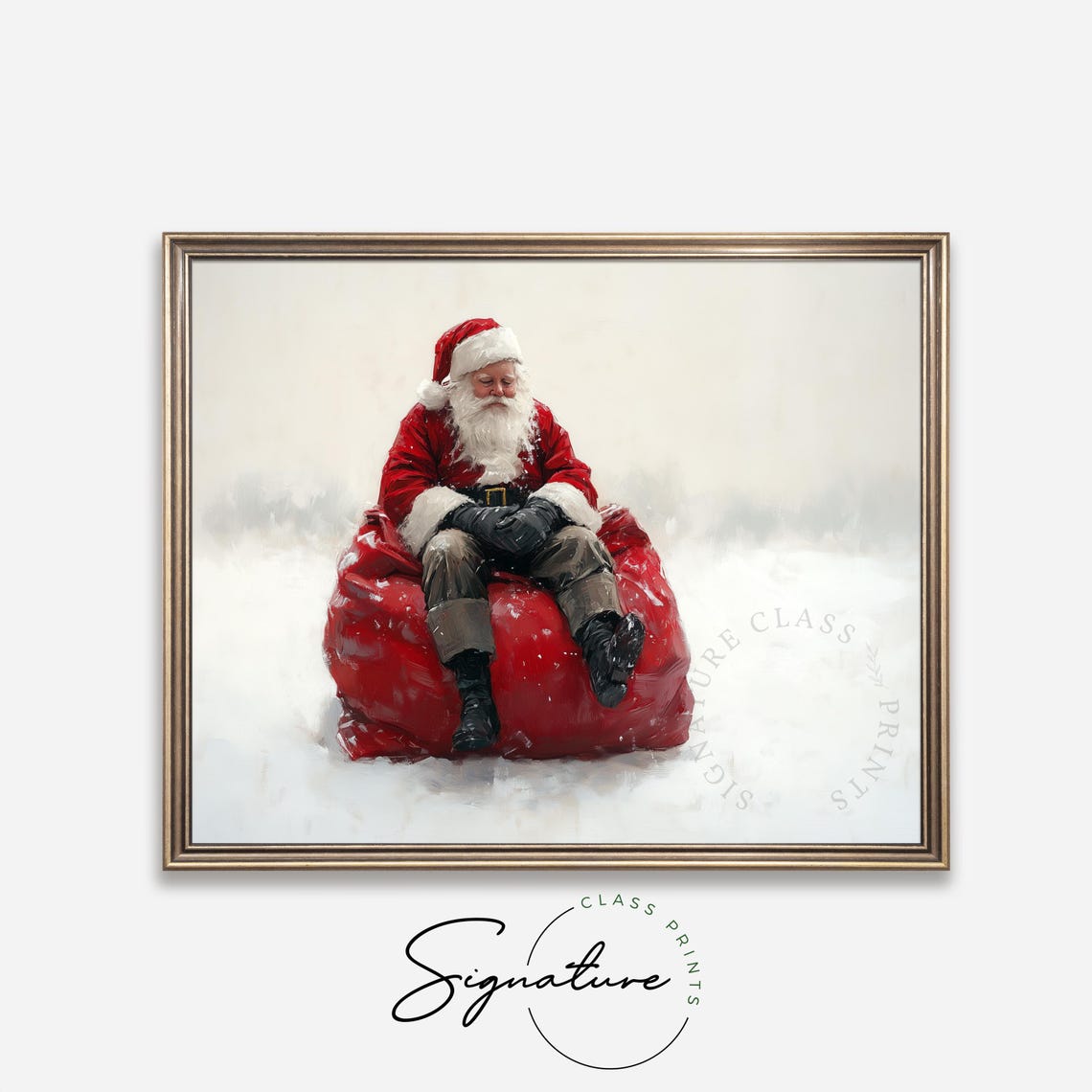 Tired Santa Claus Sitting On A Red Toy Sack In The Snow Art Poster - Image 4