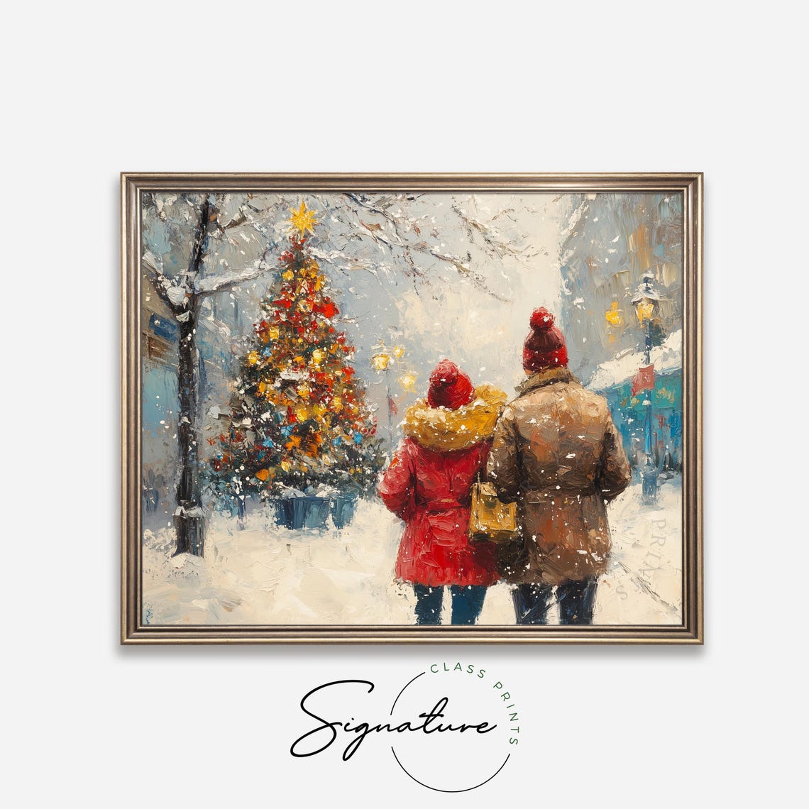 Couple Walking to Christmas Tree on Snowy City Street Poster - Image 4