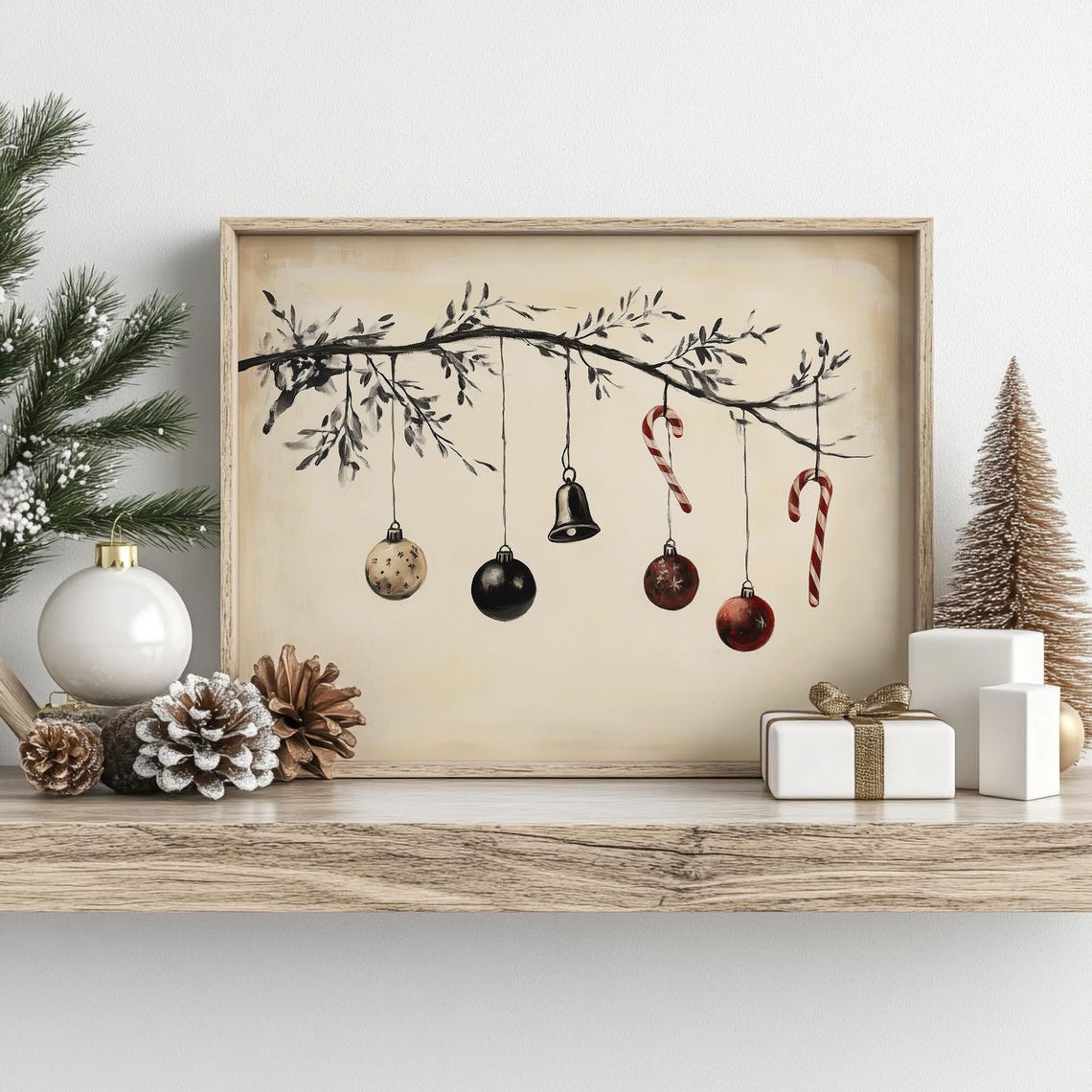 Christmas Ornaments Candy Canes Branch Vintage Holiday Wall Print - Image 2