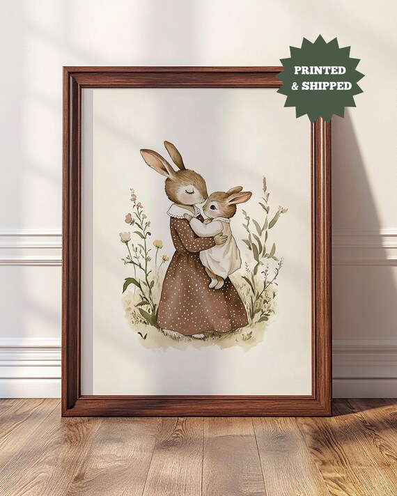 Mother Rabbit Hugging Her Baby Bunny Watercolor Nursery Poster