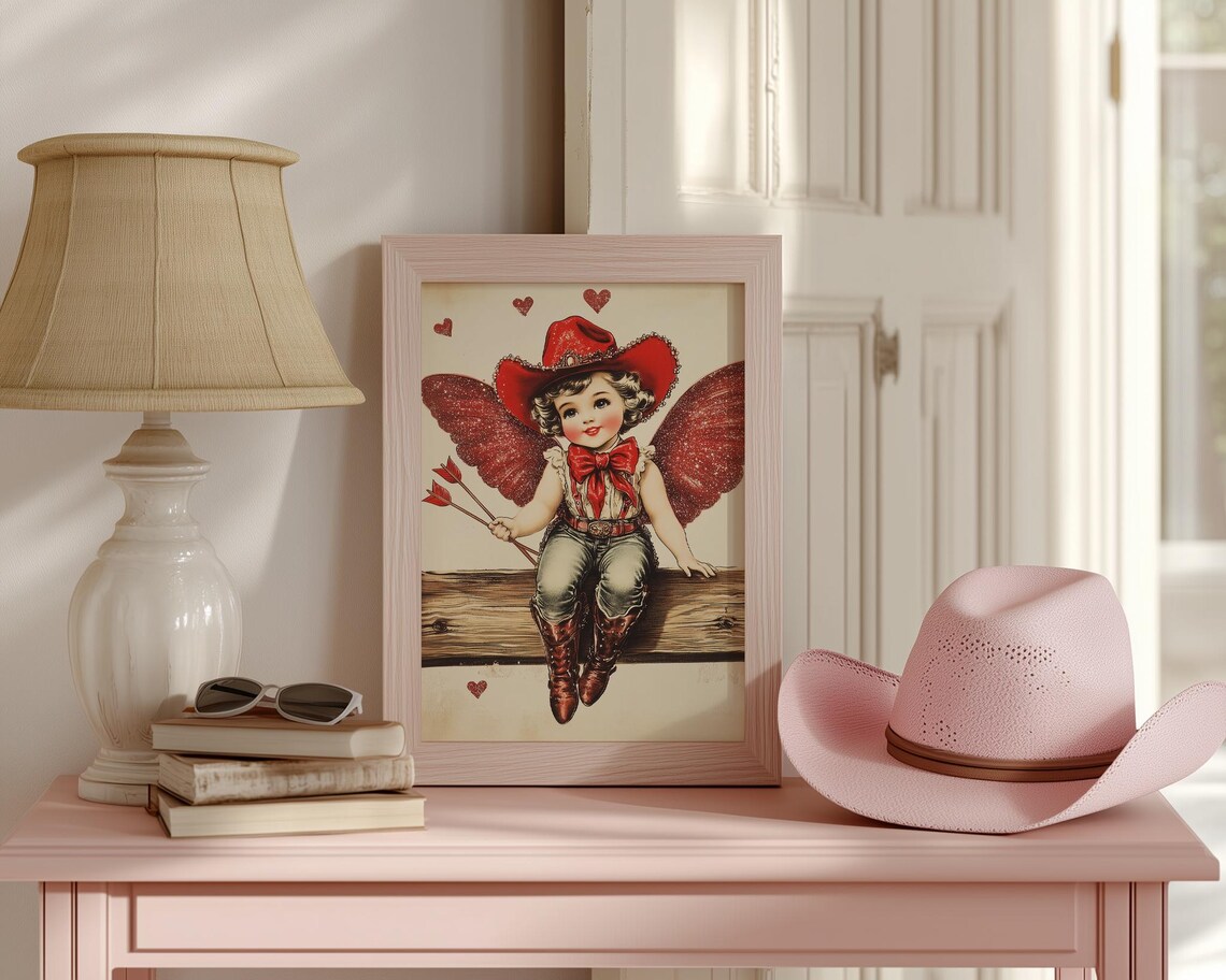 Vintage Cowboy Cupid Girl in Red Hat and Wings Valentine Poster - Image 4