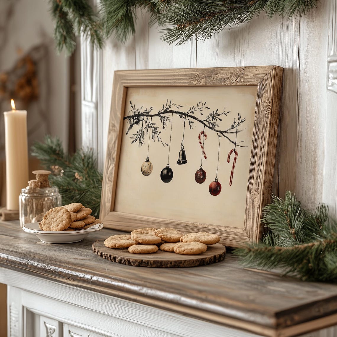 Christmas Ornaments Candy Canes Branch Vintage Holiday Wall Print - Image 3