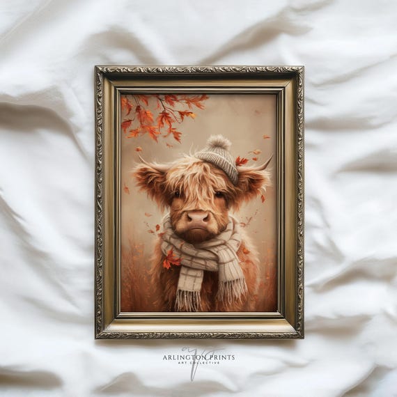 Scottish Highland Cow Art Print Cozy Fall Farmhouse Decor Rustic Autumn Wall Country Animal Painting Home 12403