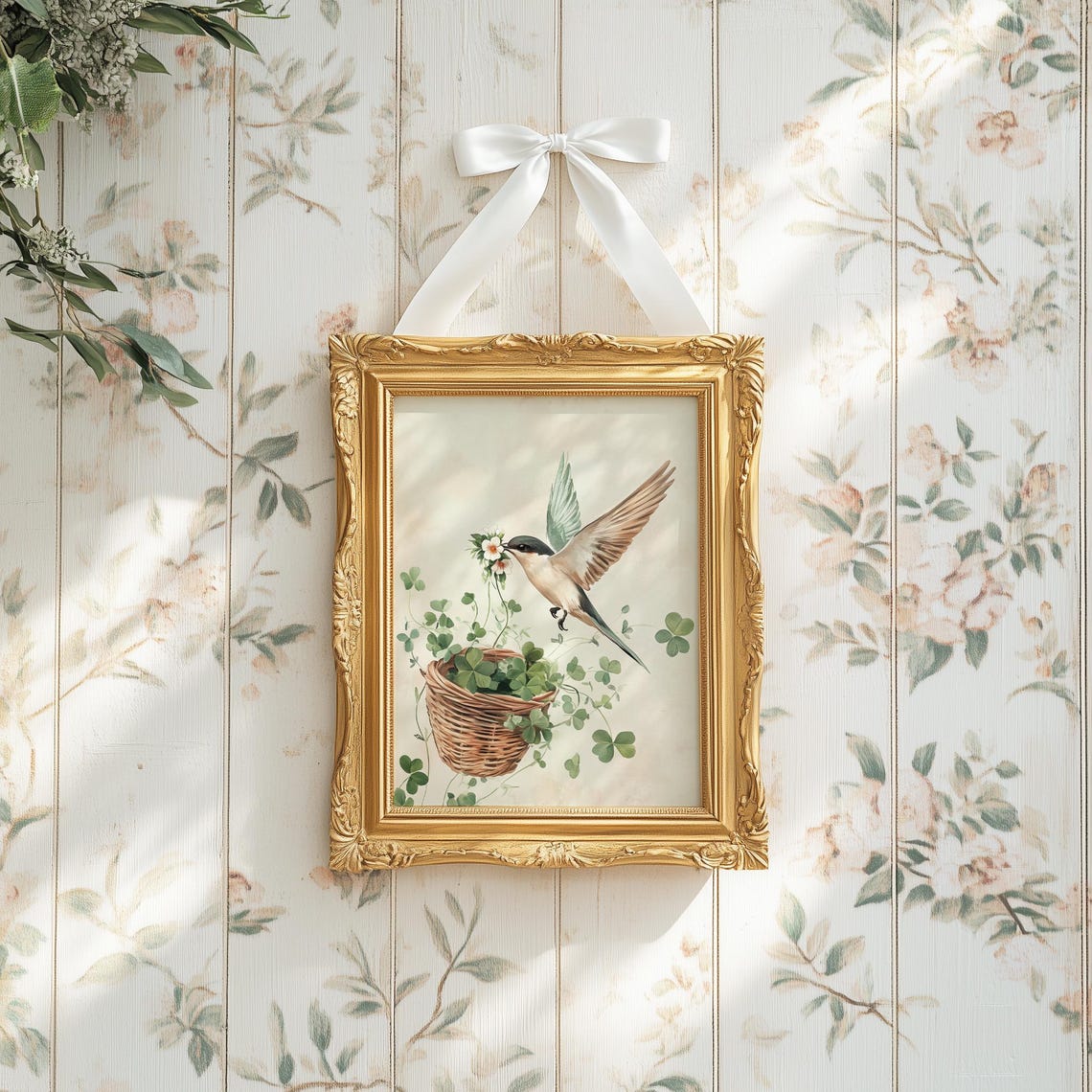 Swallow Bird Flower Clover Basket Watercolor Spring Nature Print - Image 5