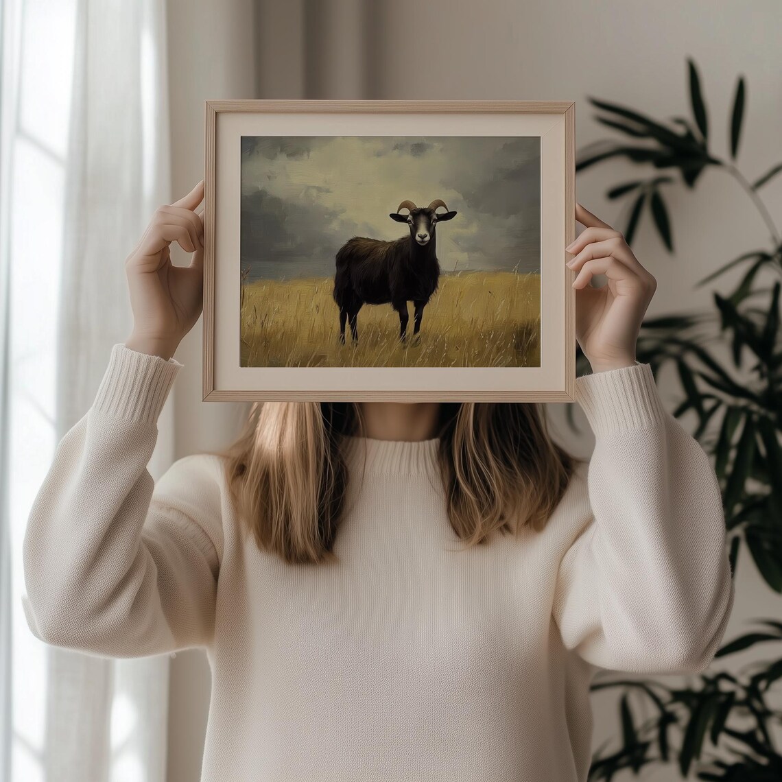 Black Ram Standing in Golden Wheat Field Moody Farm Animal Poster - Image 3