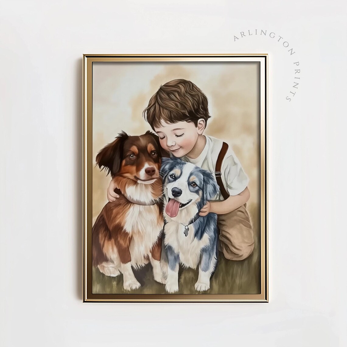 Little Boy Hugging Two Australian Shepherd Dogs Countryside Poster