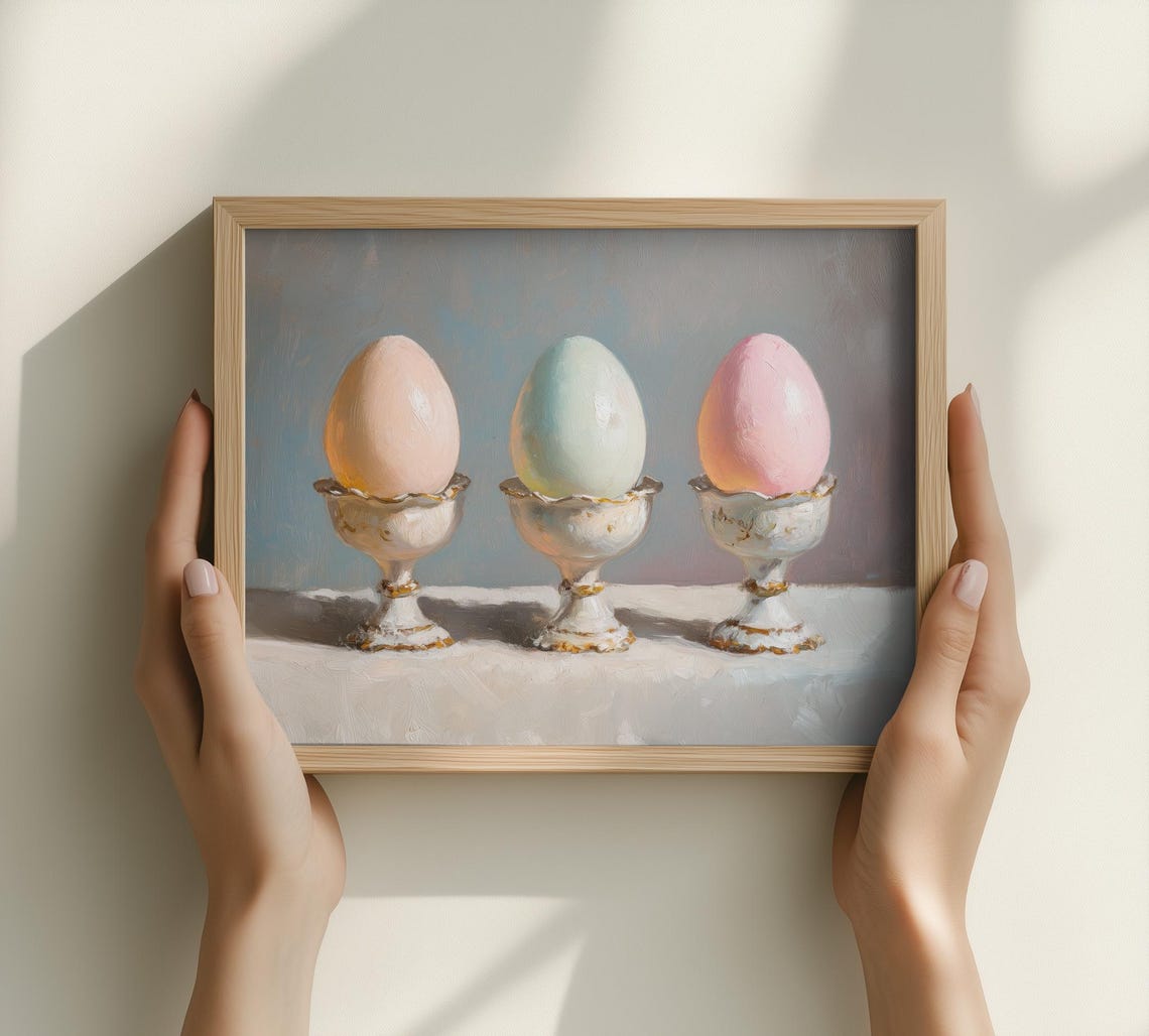 Three Soft Pastel Easter Eggs Vintage Egg Cups Spring Art Print - Image 5