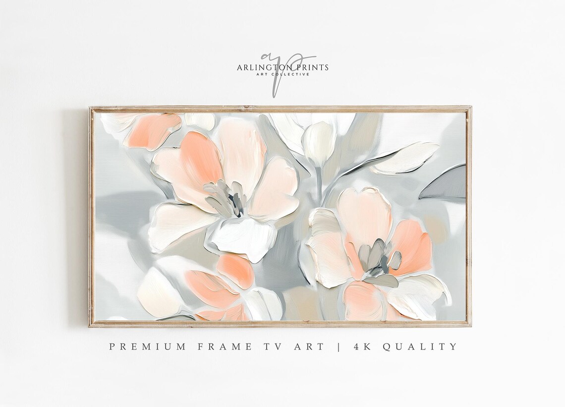 Blush Peach Abstract Floral Painting Frame TV Display Wall Art