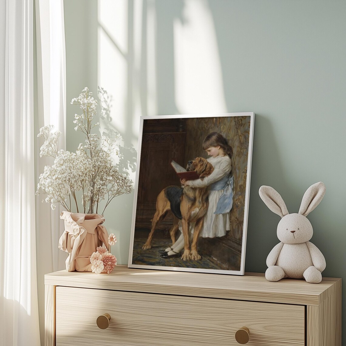 Girl Reading with Hound Classical Oil Painting Vintage Dog Poster - Image 2