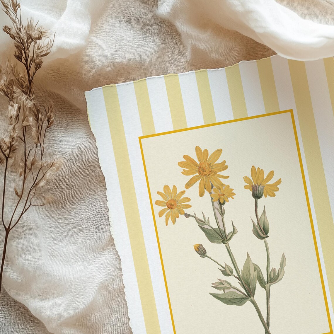 Yellow Daisy Botanical Sketch on Golden Stripes Farmhouse Poster - Image 4