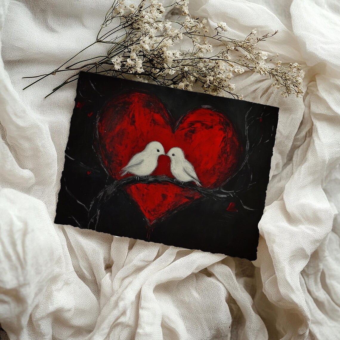 White Love Birds Kissing Red Heart Moody Romantic Valentine Poster - Image 4