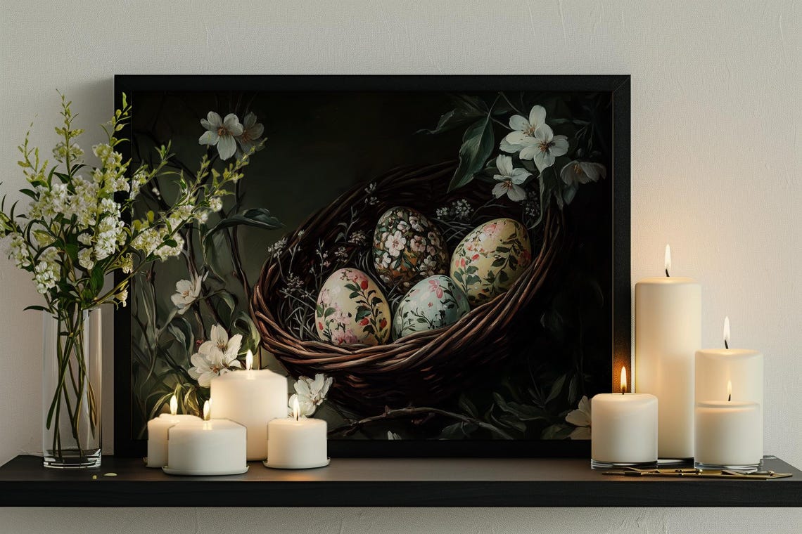 Floral Easter Eggs In Wicker Basket With White Blossoms Poster - Image 2