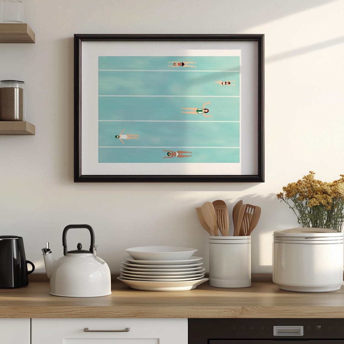 Five Aerial Swimmers in Sky Blue Pool Minimalist Bathroom Decor Poster - Image 4