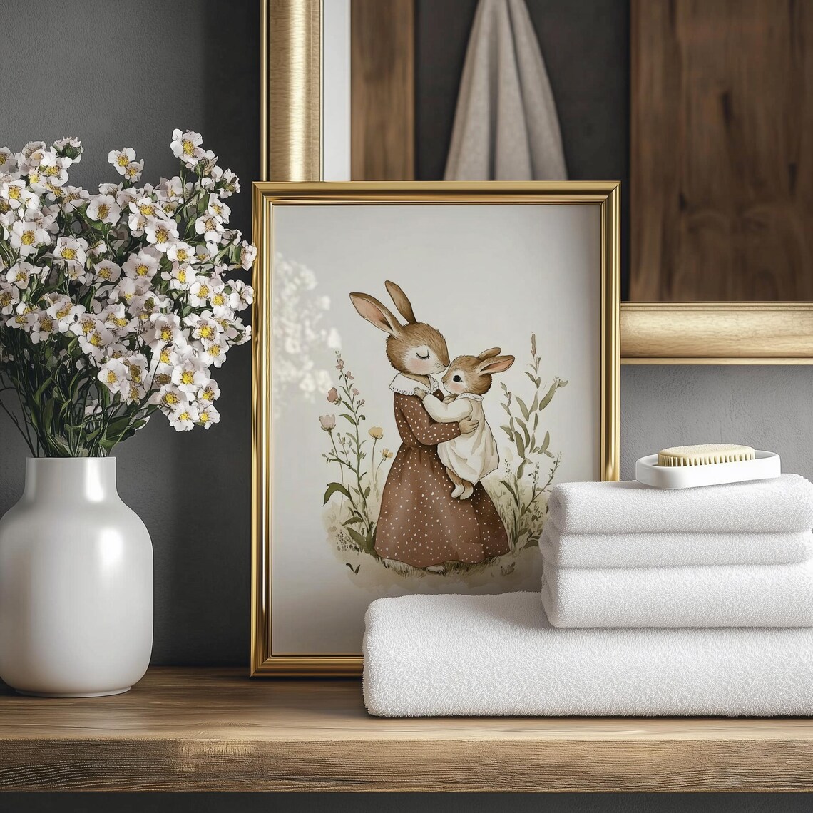 Mother Rabbit Hugging Her Baby Bunny Watercolor Nursery Poster - Image 3